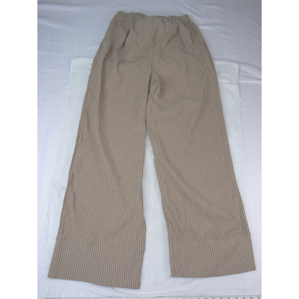 New Look Womens Wide Leg Pinstripe Pants Tan Brown Elastic Waist Size L 3984